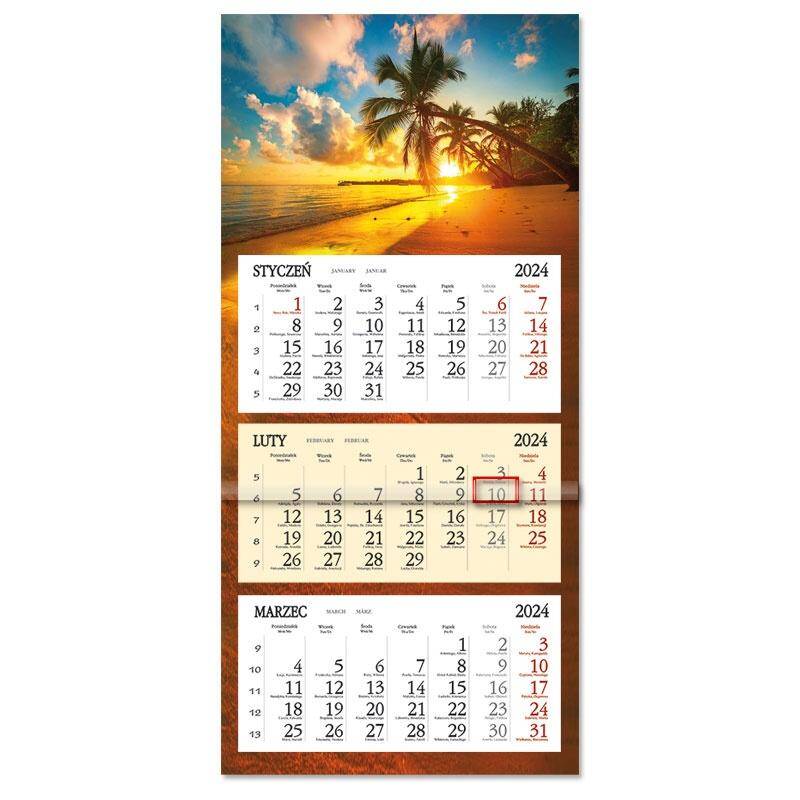Kalendarz 2024 Trójdzielny płaska główka SB8-16 Zachód słońca na plaży