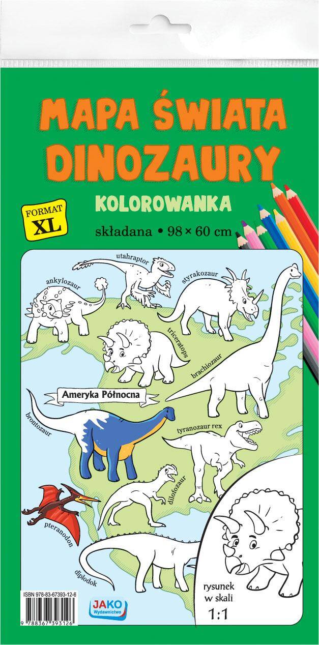 Kolorowanka XL Mapa świata Dinozaury kolor