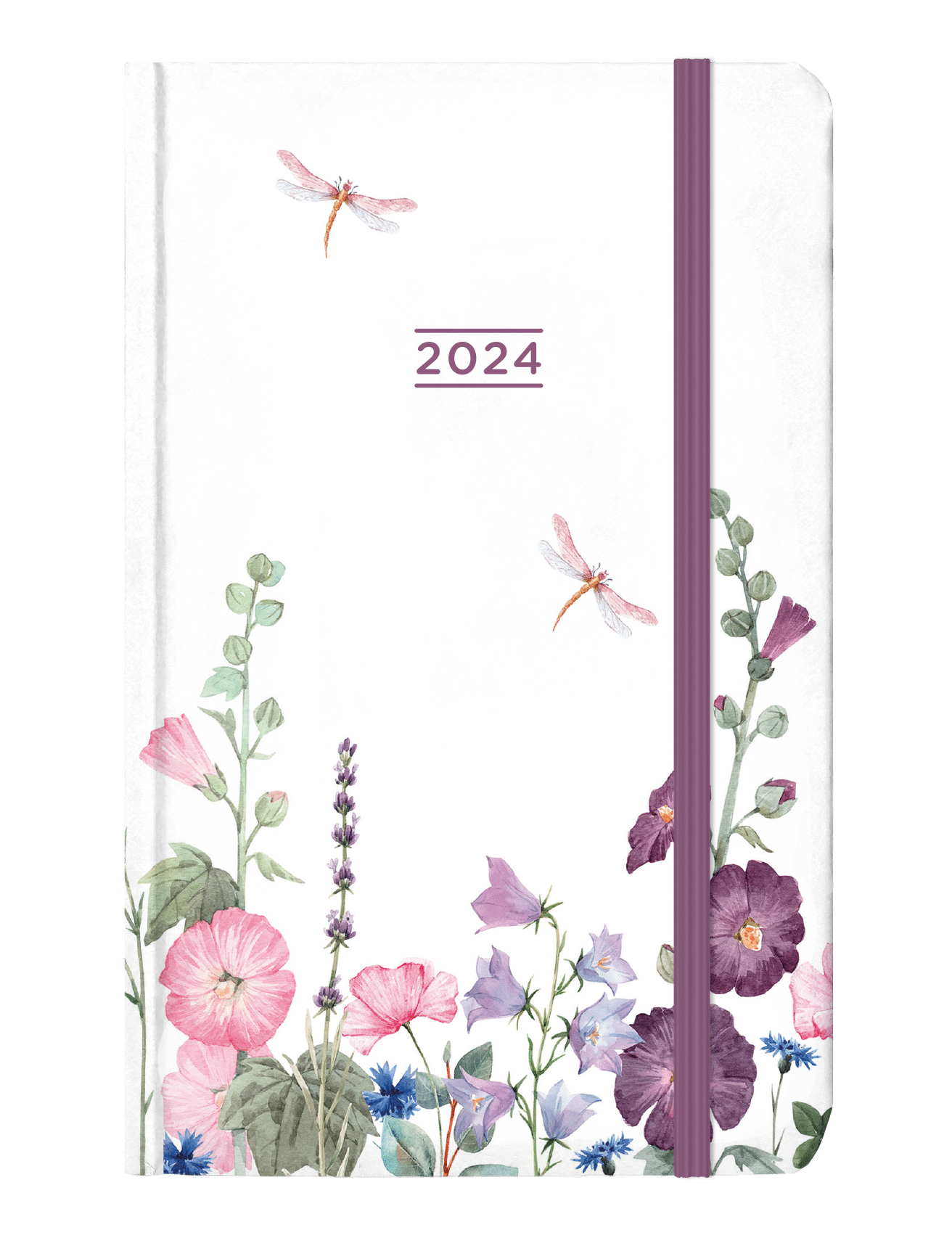Kalendarz 2024 kieszonkowy z gumką kwiaty z ważką