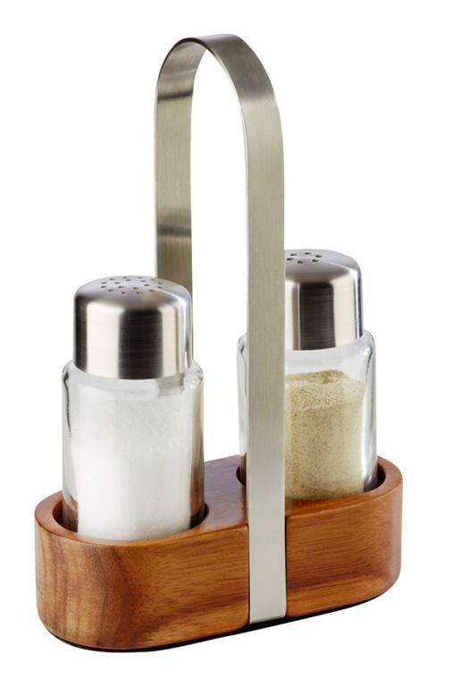 SALT AND PEPPER SHAKER SET WITH WOODEN STAND 115x55 mm