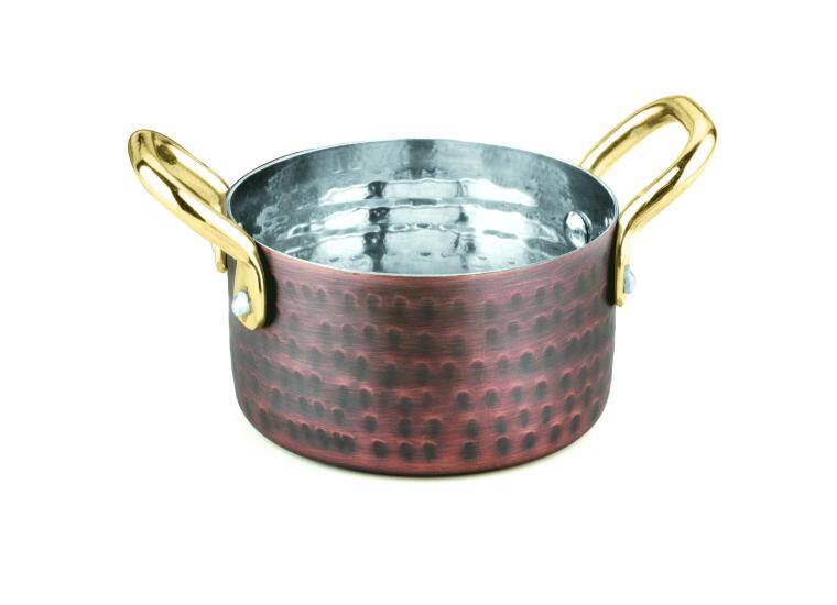 CHARMS, SAUCE POT, 2 HANDLES, HAMMERED ANTIQUE COPPER, cap. 350 ml; diam. 90 mm; h. 50 mm