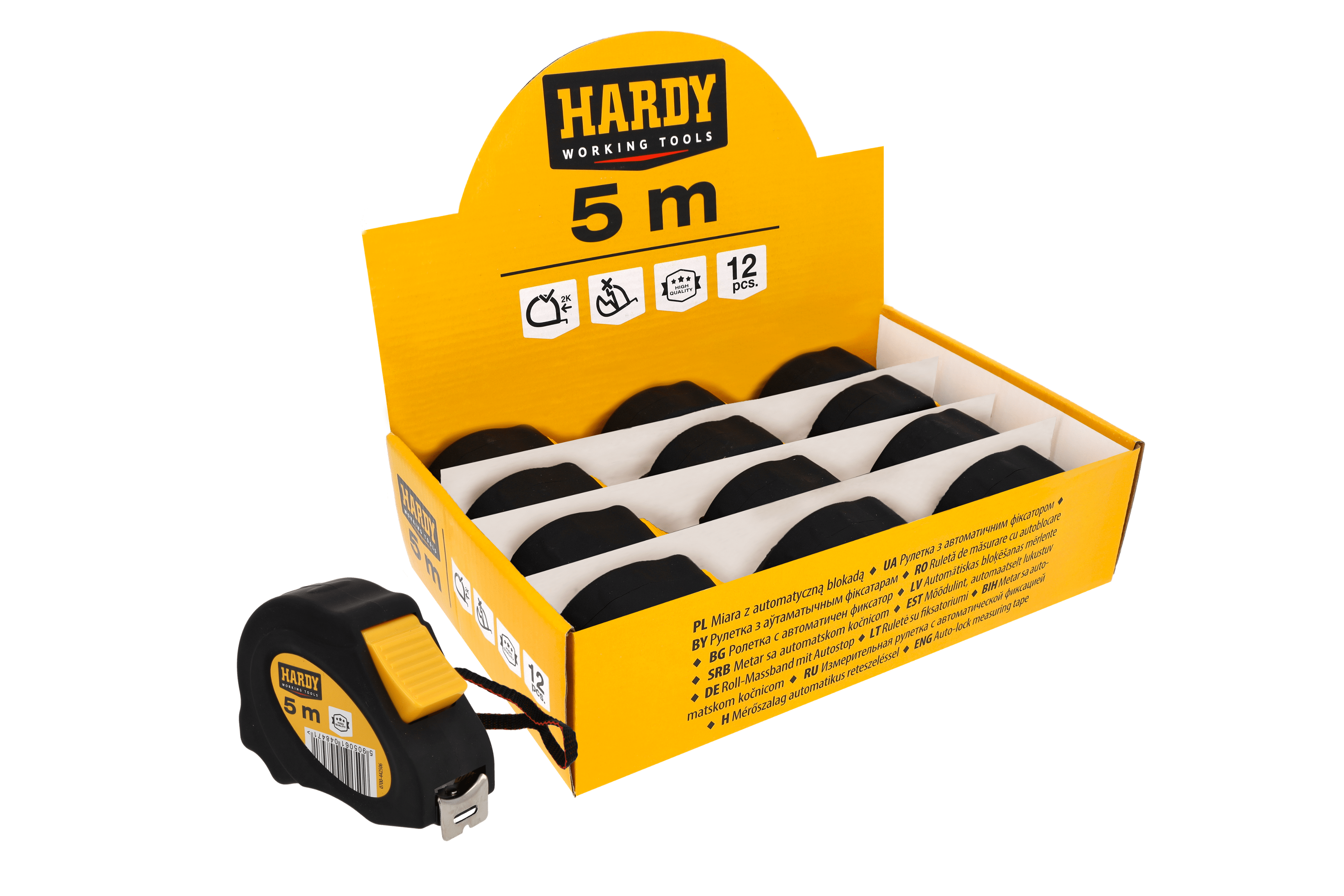 Hardy miara zwijana z automatyczną blokadą seria *44*, 5 m x 25 mm, opakowanie kartonik zbiorczy