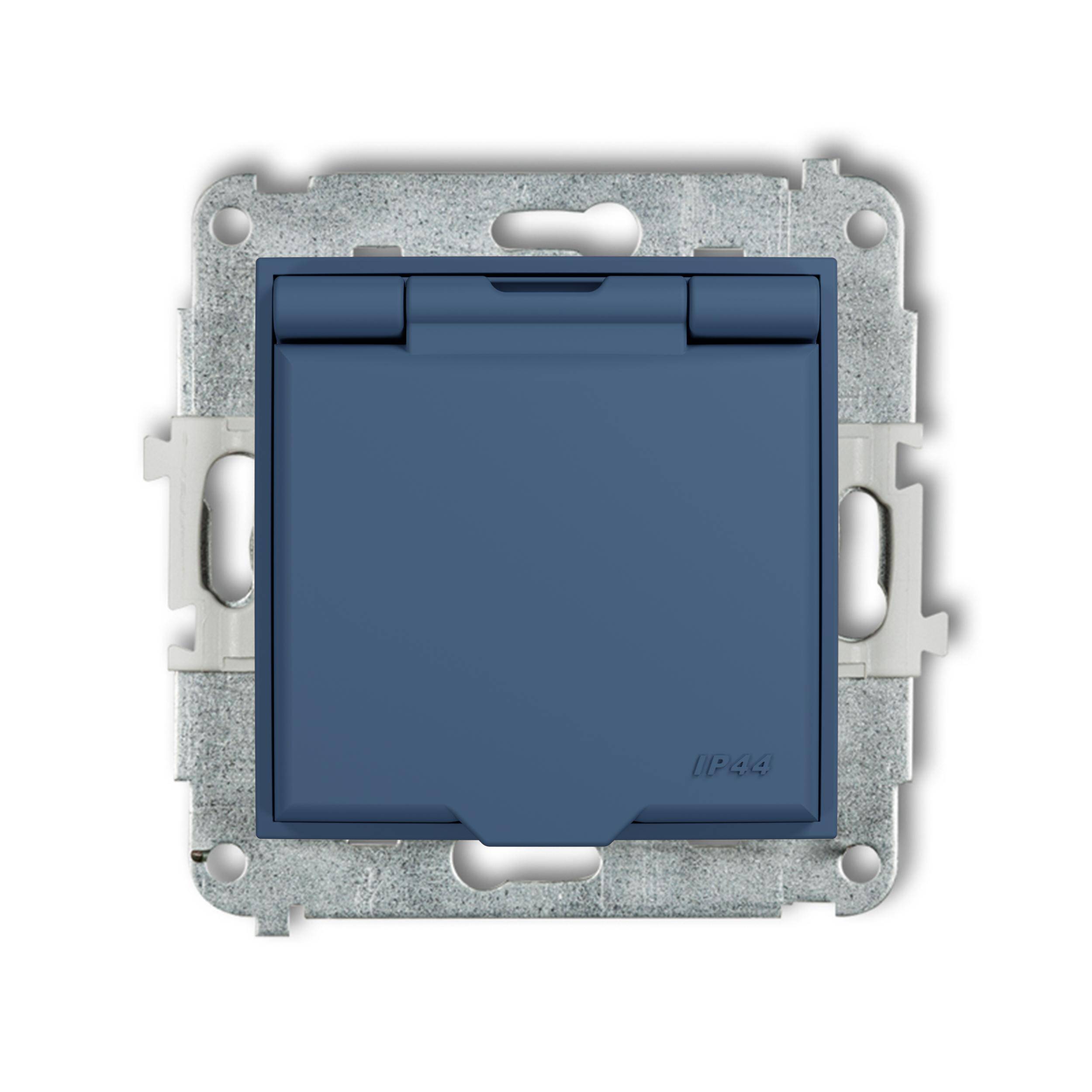 MINI Mechanizm gniazda bryzgoszczelnego z uziemieniem 2P+Z (klapka navy blue, przesłony torów prądowych)
