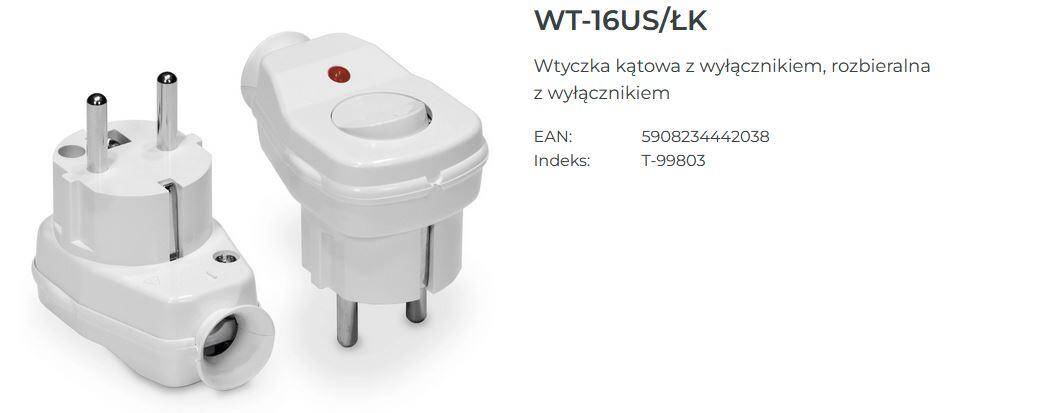 WTYCZKA KĄTOWA 2P+Z 16A BIAŁY Z WŁĄCZNIKIEM I DIODĄ SYGNALIZACYJNĄ
