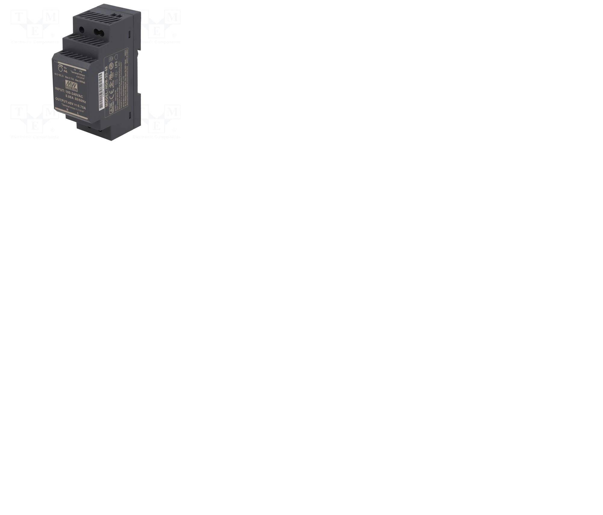 ZASILACZ IMPULSOWY 48V DC 36W 0,75A 85÷264VAC NA SZYNY ZBIORCZE