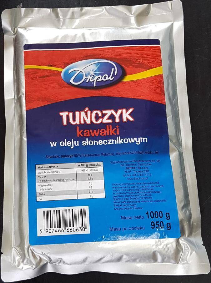 Tuńczyk kawałki 950g w oleju słonecznik.,vac.1kg/12 Dripol