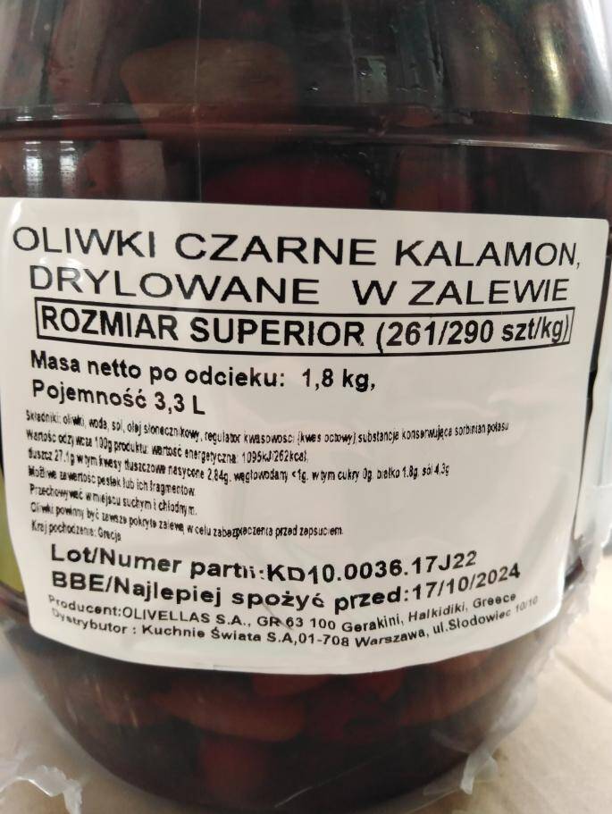 Oliwki czarne b/p Kalamata Superior (261-290), 1,8kg/3,3kg Olivellas