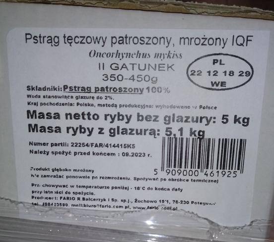 Pstrąg tęczowy patrosz.350/450g, IQF, 5kg/krt Fario***