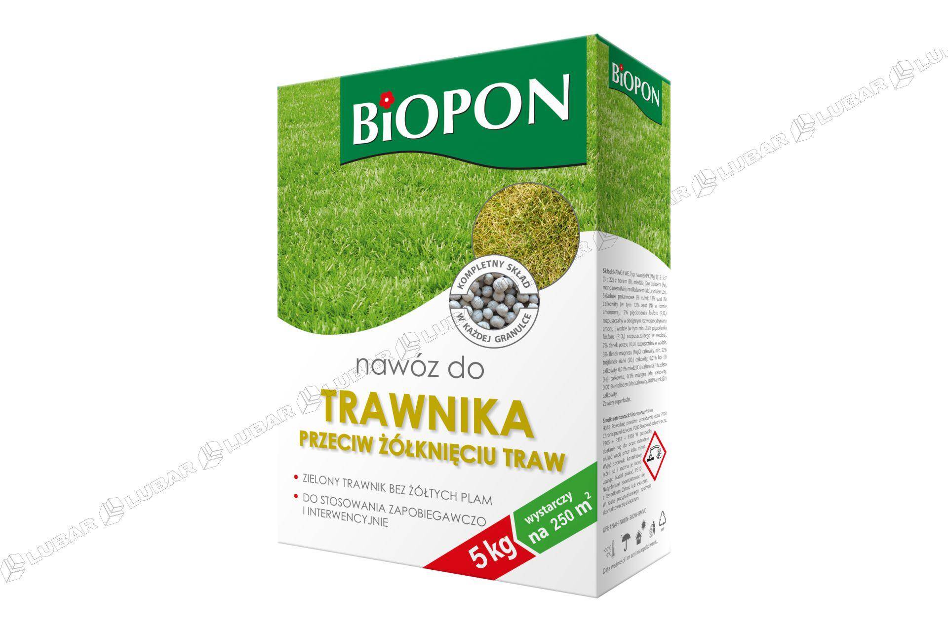 Nawóz do trawnika przeciw żółknięciu w formie granulek 5 kg Biopon