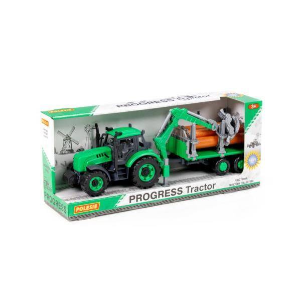 Polesie 96487 Traktor Progres inercyjny z podnośnikiem i przyczepą do przewozu dłużycy, zielony w pu