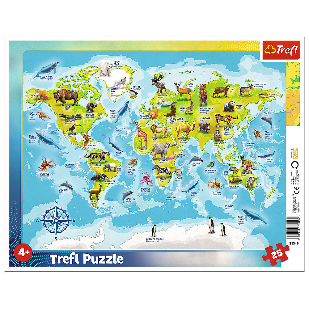 Puzzle 25 ramkowe Mapa Świata ze zwierzętami 31340