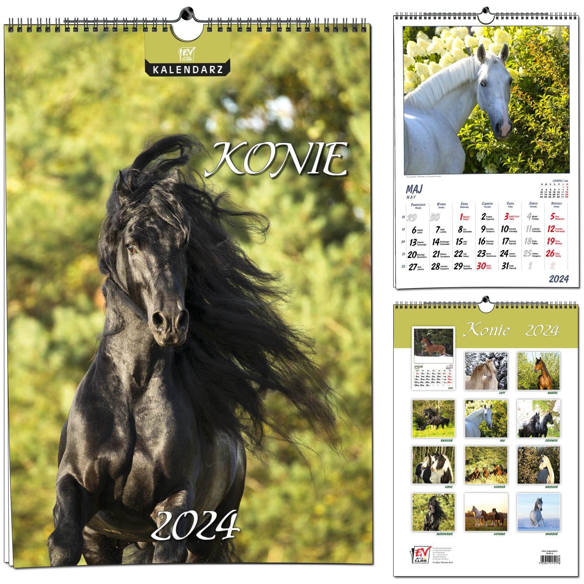 Kalendarz 2024 ścienny B3 13 planszowy Konie