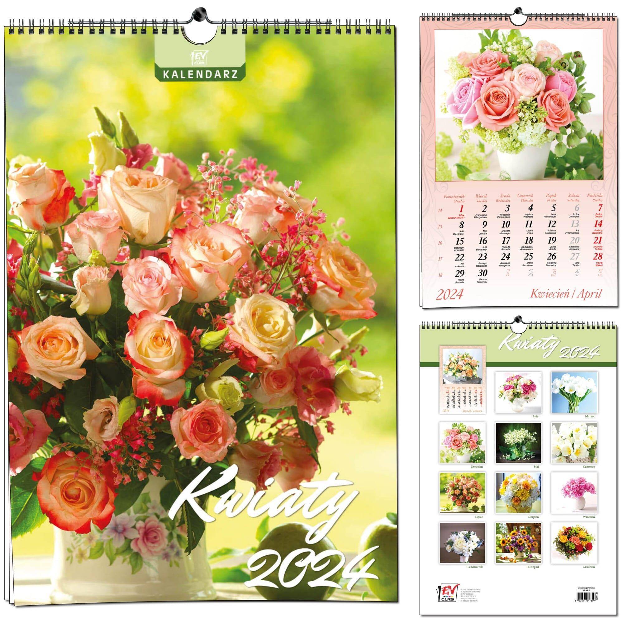 Kalendarz 2024 ścienny B3 7 planszowy Kwiaty