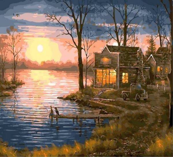 Malowanie po numerach 40x50cm Domek nad jeziorem zachód słońca 1008865