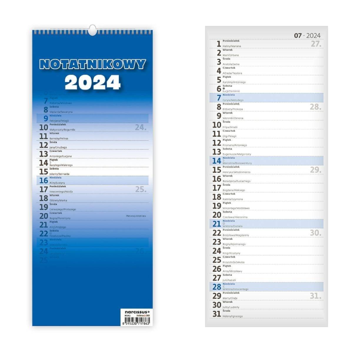 Kalendarz 2024 Slim notatnikowy ścienny