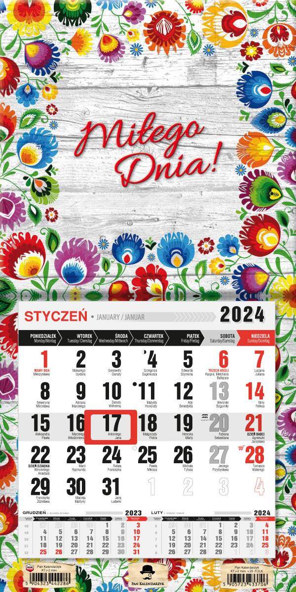 Kalendarz 2024  jednodzielny z magnesem mini Folk KTJ2M-V.20