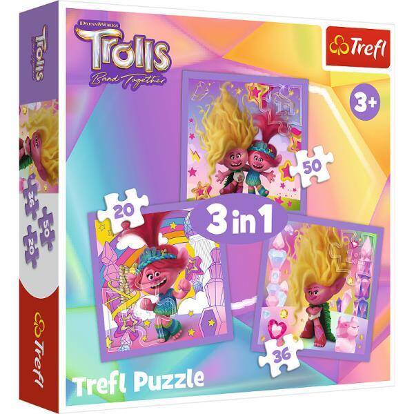 Puzzle 3w1 Poznaj wesołe Trolle Trolls 3 34870 Trefl