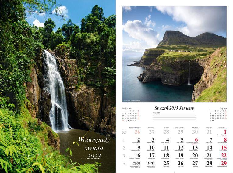 Kalendarz 2023 ścienny 13-K Wodospady świata