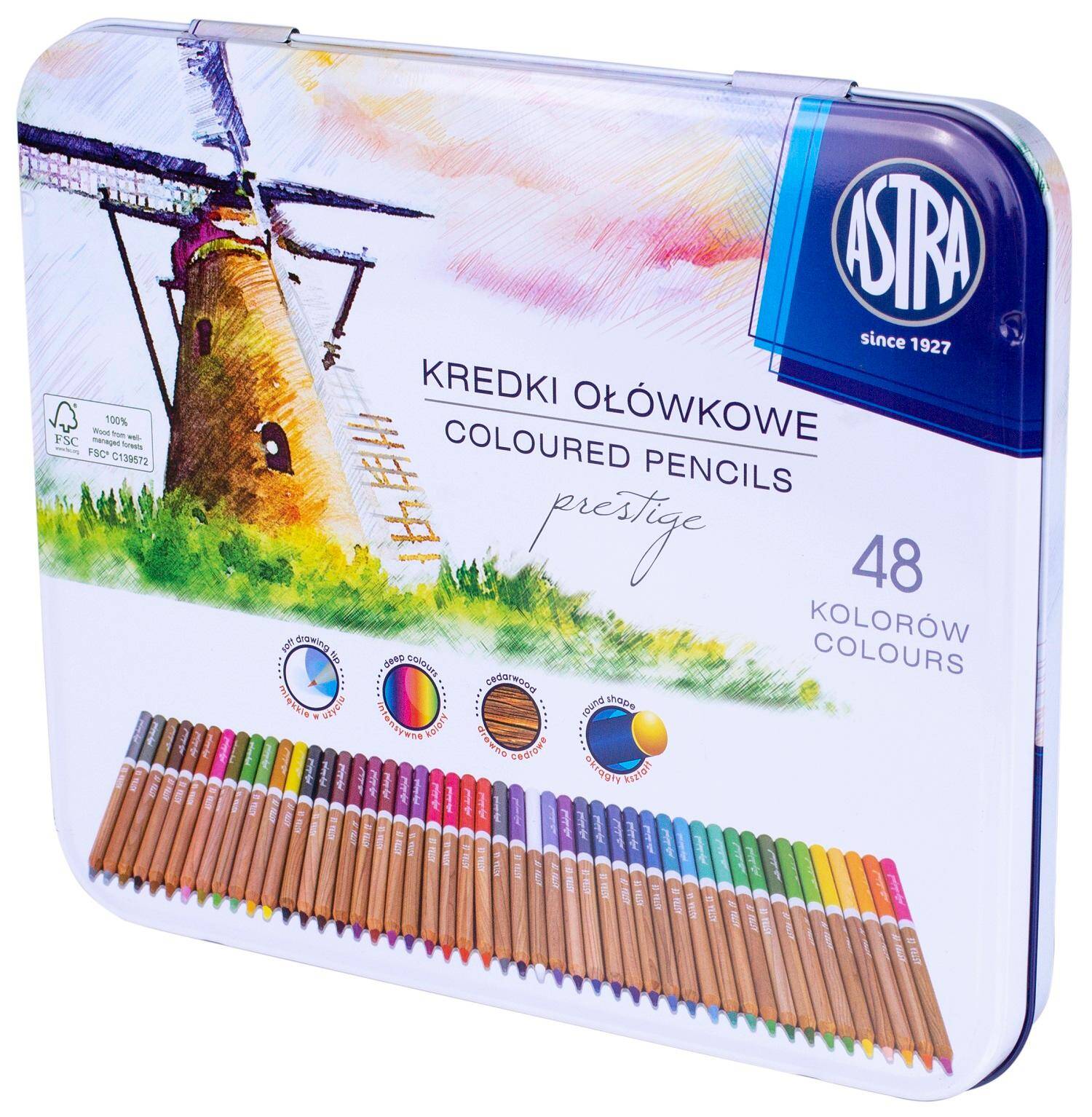 Kredki akwarelowe z drewna cedrowego prestige Astra w metalowym pudełku 48 kolorów