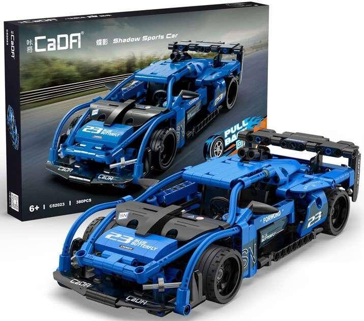 Klocki CADA. Samochód wyścigowy Shadow Sports Car Niebieskie auto sportowe Wyścigówka z napędem