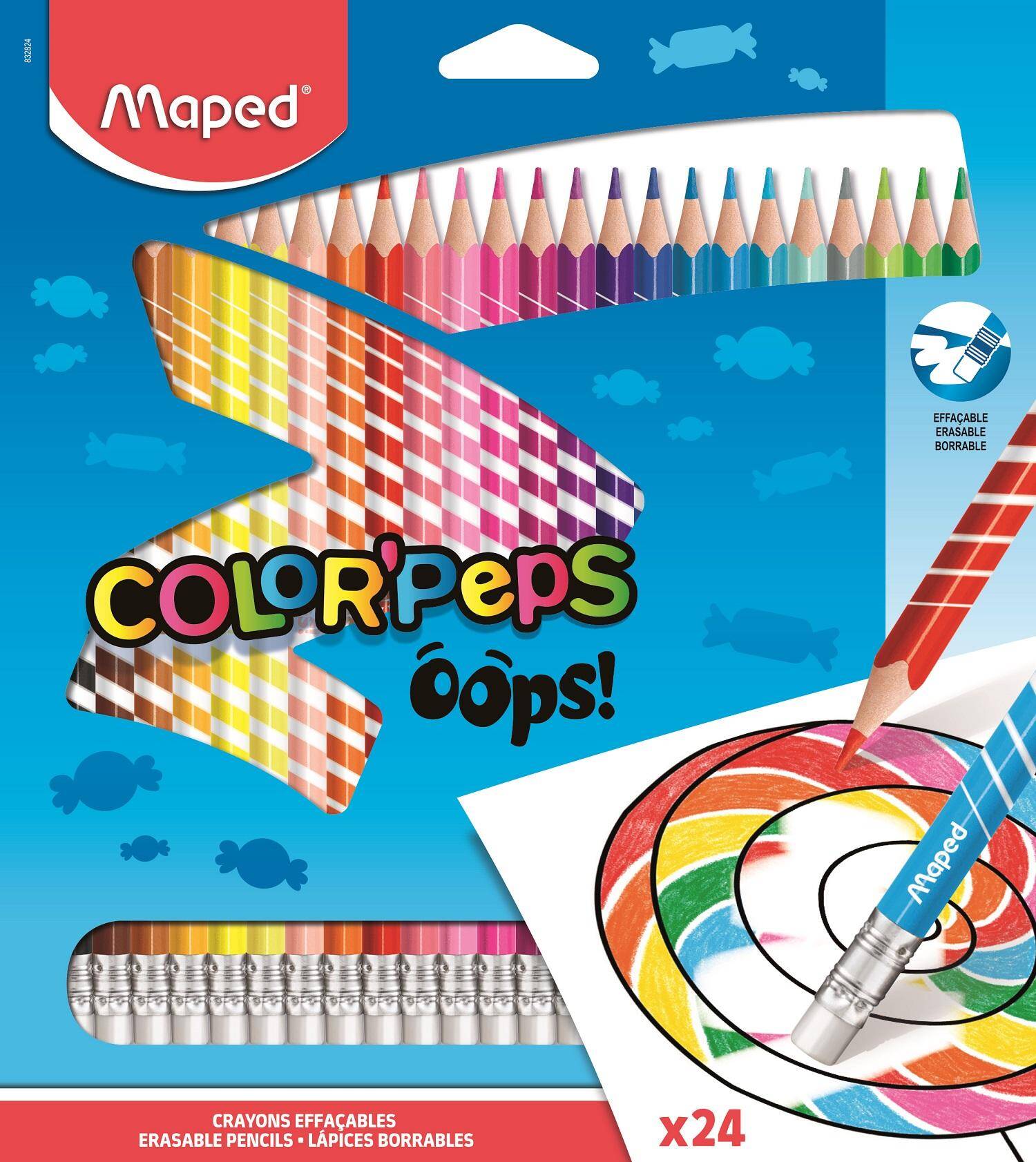 Kredki trójkątne ścieralne z gumką Colorpeps Oops Maped 24 kolory