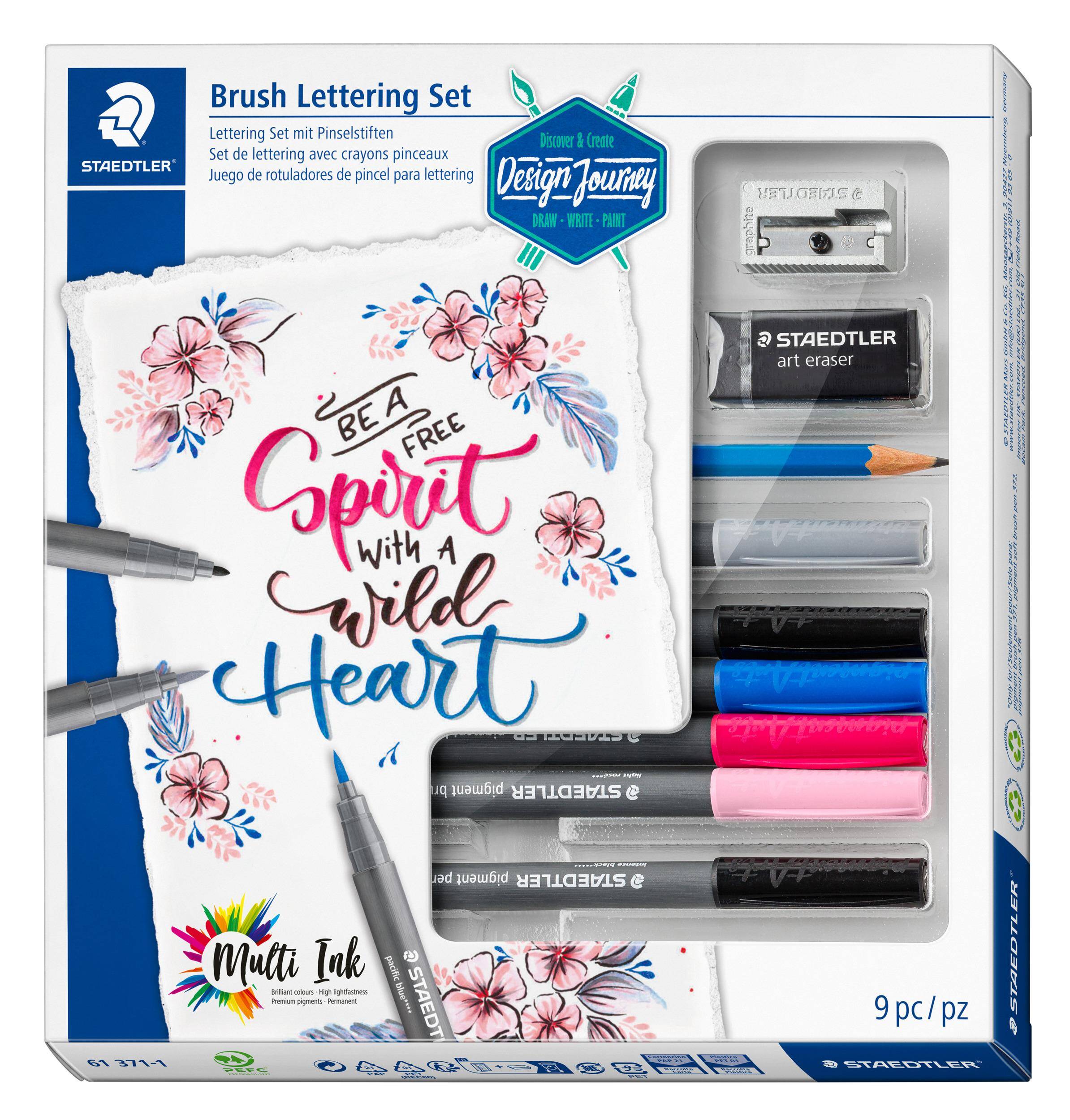 Zestaw do Brush Letteringu: 6 pisaków multi ink, ołówek, gumka, temperówka Staedtler
