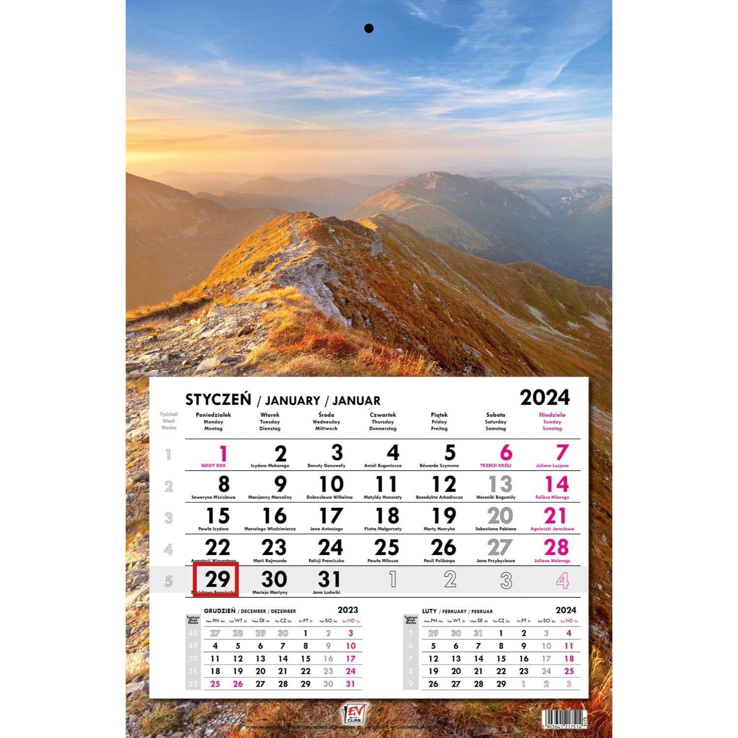 Kalendarz 2024 jednodzielny główka płaska Tatry