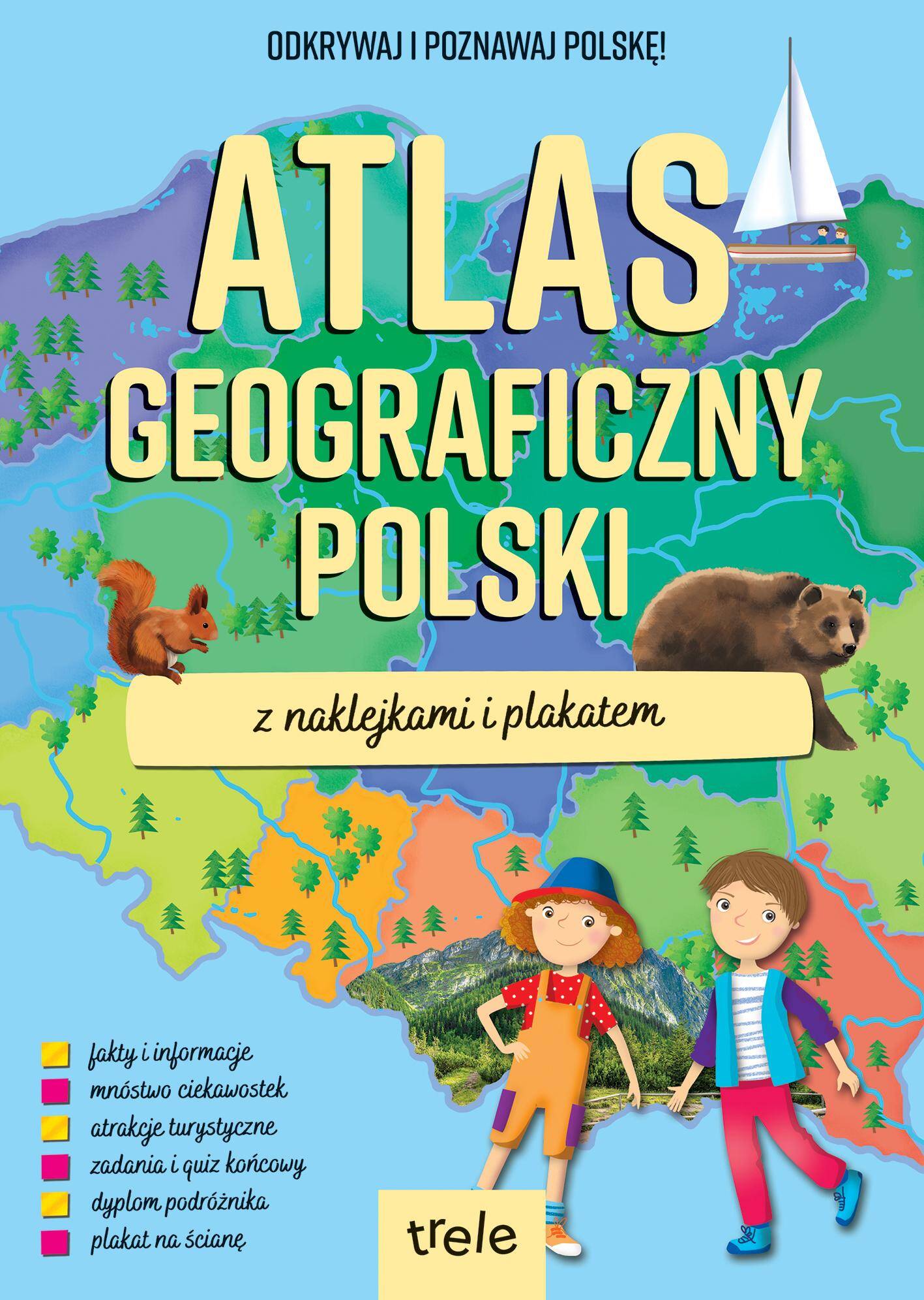 Atlas geograficzny Polski z naklejkami i plakatem. Atlasy z naklejkami