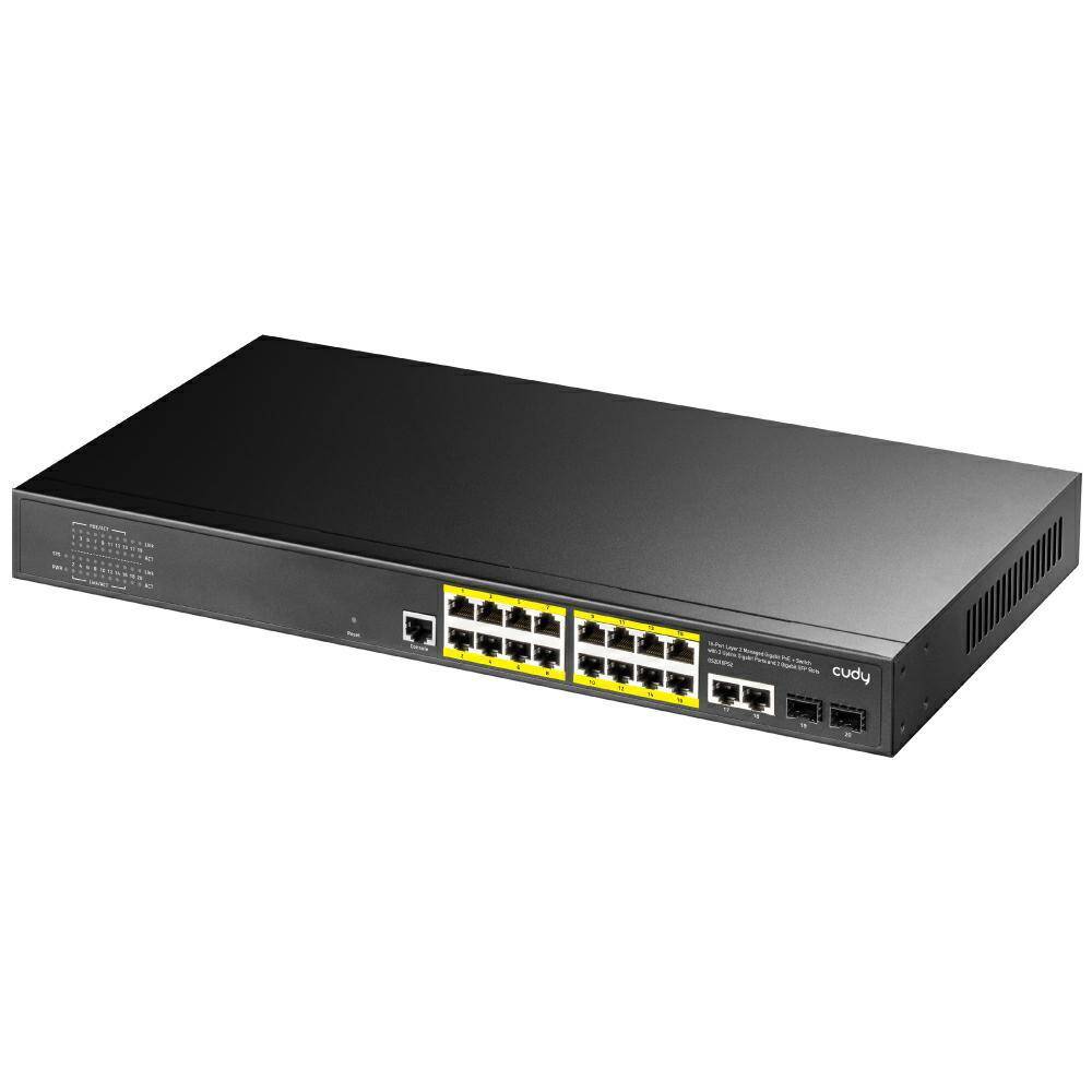 16-portowy zarządzalny gigabitowy przełącznik PoE+ L2 z 2 gigabitowymi portami Uplink i 2 gigabitowymi gniazdami SFP GS2018PS2