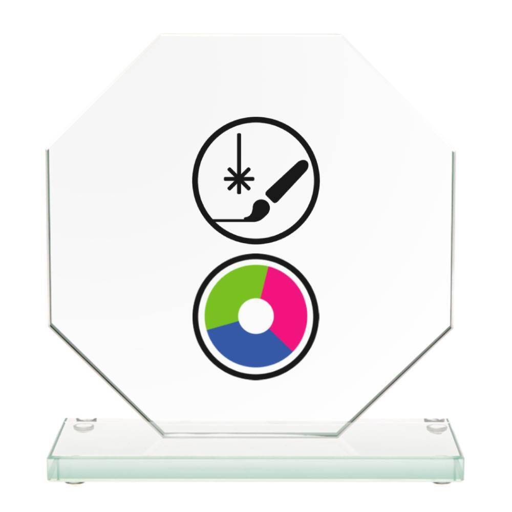 Glass award with UV printing and engraving with paint filling