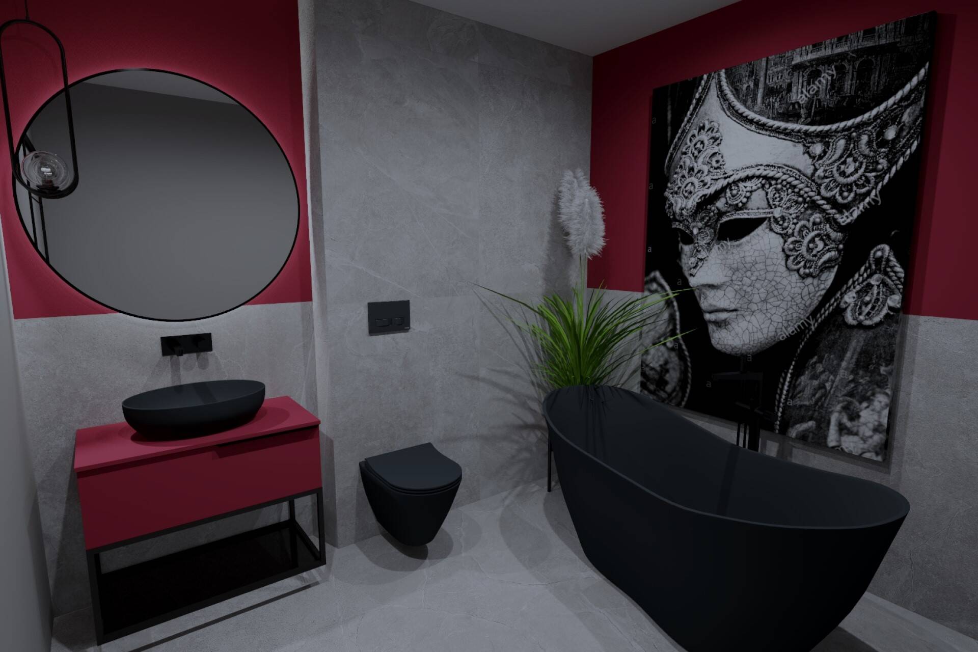 Viva Magenta we wnętrzu - wizualizacja 3d łazienki
