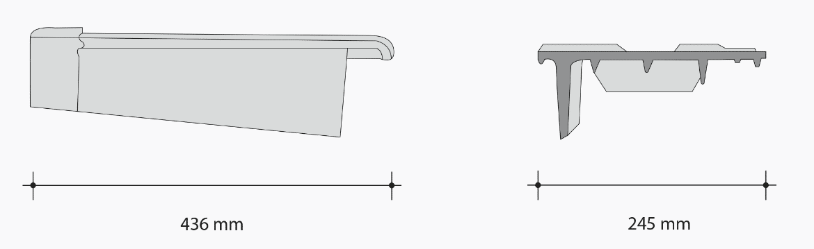 Przekrój i wymiary skrajnej lewej dachówki BERGAMO.