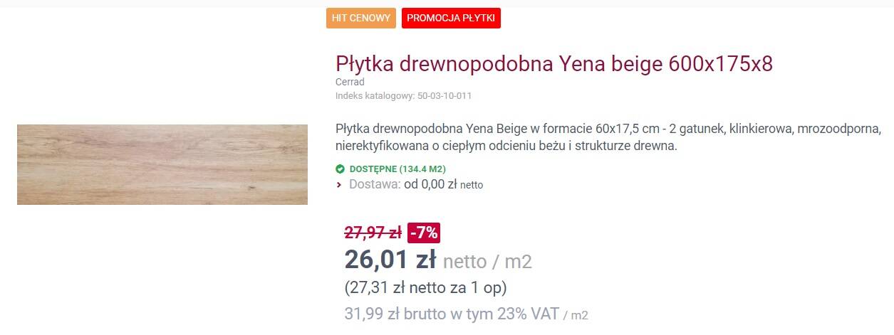 Płytka imitująca drewno o nazwie Yena Beige marki Cerrad. Ma ciepły beżowy kolor i wymiary 60x17,5. Do kupienia online w sklepie internetowym LUBAR